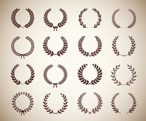 Collection of sixteen circular vintage laurel wreaths. Can be used as design elements in heraldry on an award certificate manuscript and to symbolise victory illustration in silhouette