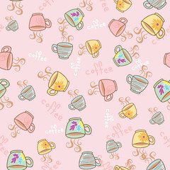 hand drawn cute different types of coffee cup on pink background vector seamless pattern design