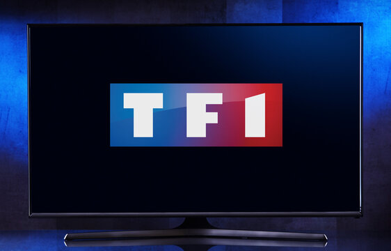 Flat-screen TV set displaying logo of TF1