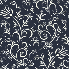 Fototapeta na wymiar Seamless dark background with white floral pattern in baroque style. Abstract decorative retro illustration