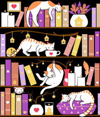 Library cats - seamless pattern - purple yellow 