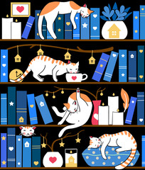 Library cats - seamless pattern - navy blue