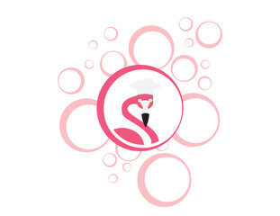 Obraz premium Pink Flamingo with chef hat and Round shapes background