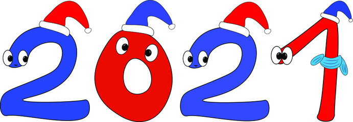 2021. Arabic numerals. Happy New Year and merry Christmas. Funny children's new year holiday theme. Bright colored numbers with eyes. Characters in Santa hats and scarves. Winter theme