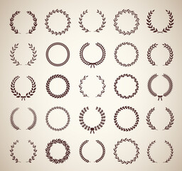 Collection of thirty circular vintage laurel wreaths. Can be used as design elements in heraldry on an award certificate manuscript and to symbolise victory illustration in silhouette