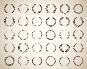 Collection of thirty circular vintage laurel wreaths. Can be used as design elements in heraldry on an award certificate manuscript and to symbolise victory illustration in silhouette