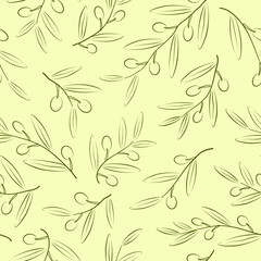 Olive branch with berries and leaves on green background. Seamless pattern. Vector illustration.