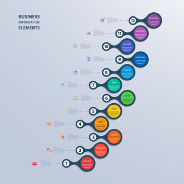 Infographics Timeline Template For 12 Steps And Icons. Can Be Used For Workflow Layout, Annual Report, Diagram, Number Options, Step Up Options,infographics, Presentations