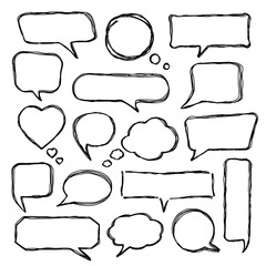 Obraz premium Set of scribbled comic speech bubbles with hand drawn doodle style. Vector talk and thought sketch bubbles.
