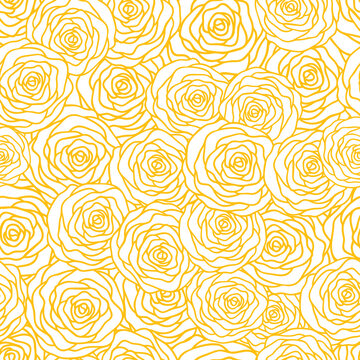 Vector seamless pattern background with gold outline stylized roses. Beautiful floral background. Can be used for textile, website background, book cover, packaging, wedding invitation