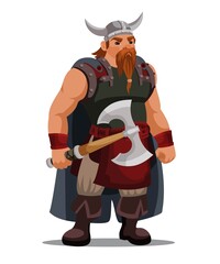Viking in horned helmet holding an axe