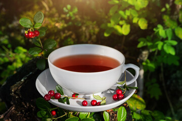 A white cup with fresh herbal tea stands on a tree stump in the forest. Lingonberries are in the saucer. Natural organic drinks concept.