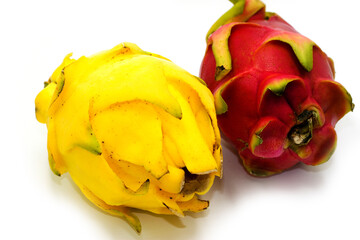 Red and Yellow  Pitaya Dragon Fruit (Hylocereus megalanthus) isolated on white background.