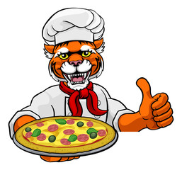 A panther chef mascot cartoon character holding a pizza peeking round a sign and giving a thumbs up