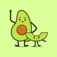 Flat design illustration of an avocado with cute face on fresh green background