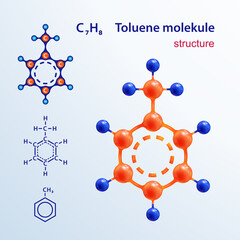 Structure of molecules. 3 D toluene molecule. Icon and chemical formula, C7H8, 2d & 3d. Vector illustration.