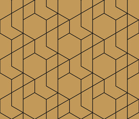 Simple contemporary abstract hexagonal linear pattern on a golden brown background, geometric vector illustration