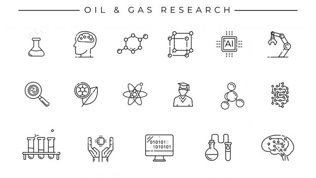 Collection of oil and gas research line icons on the alpha channel.