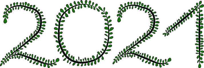 2021. Arabic numerals. Happy New Year and merry Christmas. Eco-friendly theme. Numbers of black branches and green petals. The foliage is lush. Summer atmosphere