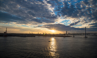 Sunset over Yokohama harbour, Yokohama, Japan