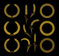 Golden wreaths and ears wheat. Design element for decoration of  award, medal, coat of arms or anniversary logo.  Golden silhouette on black background. Vector illustration