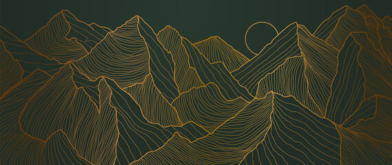 Landschaftstapetendesign mit Golden Mountain Line Arts, luxuriösem Hintergrunddesign für Cover, Einladungshintergrund, Verpackungsdesign, Stoff und Druck. Vektor-Illustration.