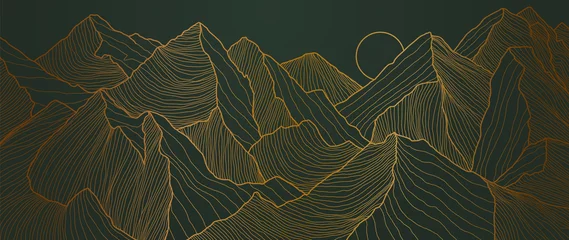 Fototapete Landschaftstapetendesign mit Golden Mountain Line Arts, luxuriösem Hintergrunddesign für Cover, Einladungshintergrund, Verpackungsdesign, Stoff und Druck. Vektor-Illustration. © TWINS DESIGN STUDIO