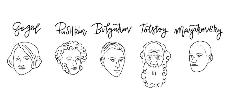Portraits of famous Russian writers - Leo Tolstoy, , Nikolai Gogol, Alexander Pushkin, Vladimit Mayakovsky, Mikhail Bulgakov made in trendy linear style. Hand drawn Lettering