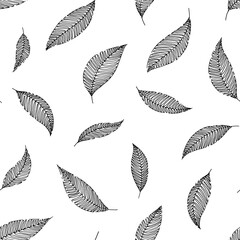A pattern of decorative elements made of tree leaves. Hand ink drawing.