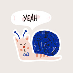 Snails Cat isolated on background. Cartoon animal character. Vector illustration for poster design, kids print, greeting card, social media post. For cards, textile.