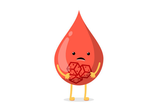 Blood drop sad sick character with sugar pieces inside. Testing blood glucose concept. Diabetes world day. Vector illustration