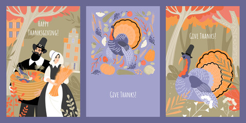 Set of vector thanksgiving cards with people in pilgrim costumes and turkey on the background of the autumn forest, fruits and vegetables