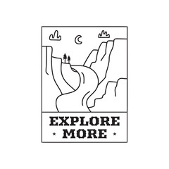Camping adventure logo emblem illustration design. Outdoor label with mountains landscape and text - Explore more. Unusual linear hipster sticker. Stock vector.
