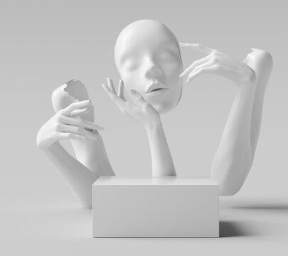 Face mask sculpture, white hand mannequin gesture broken part, cosmetic podium showcase concept 3d rendering