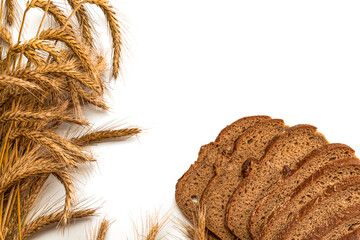 Rye bread isolated. Bakery with crusty loaves and crumbs. Fresh loaf of rustic traditional bread...