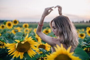 Young, slender girl topless poses at sunset in a field of sunflowers