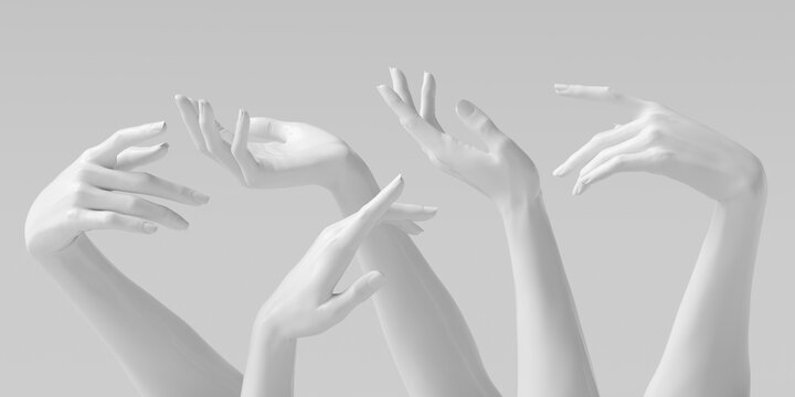 Mannequin hands set, isolated female hand white sculptures elegant gestures isolated 3d rendering concept