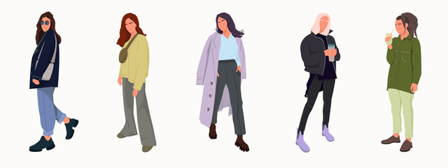Collection of stylish young women dressed in trendy clothes.Happy teenage girls wearing  apparel isolated on white background. Students, models in trendy outwear.clothes vector cartoon illustrtion