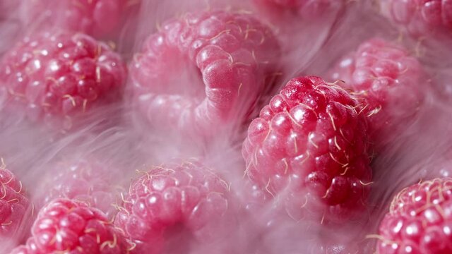 Amazing footage of raspberry with cold steam smoke. Tasty sweet fruit, berry. Healthy food, organic proper vegan nutrition.