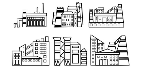 Factory icon set. Set of Industrial factories in line style isolated on a white background.  industrial building concept. Industrial complex. Power plants with chimneys, pipes and tanks.