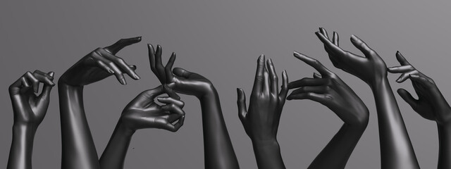 Various abstract hands elegant gesture, black mannequin hands concept background 3d rendering - obrazy, fototapety, plakaty