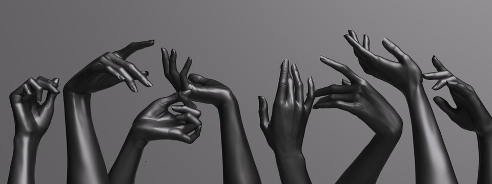 Various abstract hands elegant gesture, black mannequin hands concept background 3d rendering