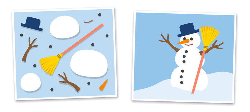 Snowman and his single parts - jumpled and put together. Vector comic illustration on blue background.
