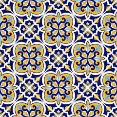 Mexican tile pattern vector seamless with mosaic motif. Sicily italian majolica, portugal azulejo, puebla talavera, venetian and spanish ceramic. Vintage background for kitchen wall or bathroom floor. - 369710033