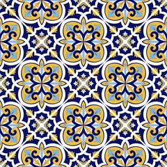 Tapeten Mexican tile pattern vector seamless with mosaic motif. Sicily italian majolica, portugal azulejo, puebla talavera, venetian and spanish ceramic. Vintage background for kitchen wall or bathroom floor. © irinelle
