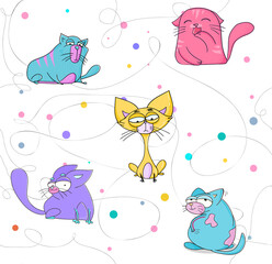 Cartoon cats seamless pattern with wavy dots colored background. 
