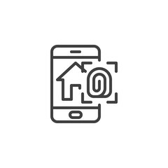 Smart home fingerprint security line icon. linear style sign for mobile concept and web design. Smartphone with smart home security system outline vector icon. Symbol logo illustration. Vector graphic