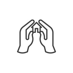 Hands with home line icon. linear style sign for mobile concept and web design. Home protection outline vector icon. Symbol, logo illustration. Vector graphics
