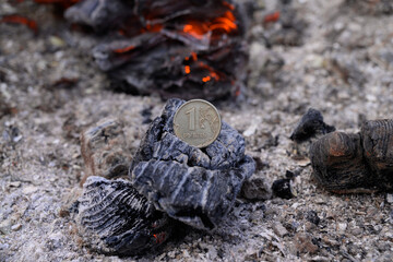 Russian coin lie on black hot coal among the ashes. One rubles in fire. Russian currency devaluated, finance and business concept