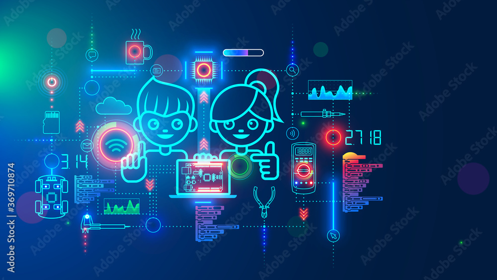 Poster Electronics engineering and hardware programming learning for teens. Boy and Girl coding on laptop in online school for child education of creating electronic robots. Happy kids on science lesson.